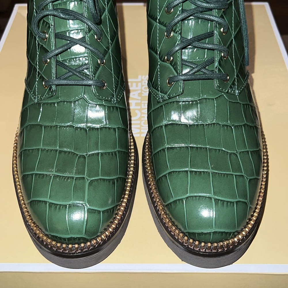 Michael Kors Embossed Croc Patent Leather Haskell Bootie Moss Green Combat Boot - Picture 10 of 11